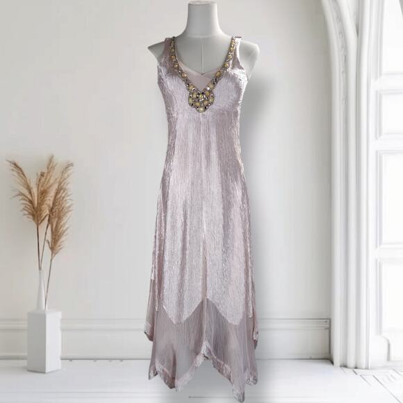 Komarov 2-Piece Hanky Hem Midi Dress & Chiffon Jacket Pink Beaded Neck Size S - Picture 2 of 16